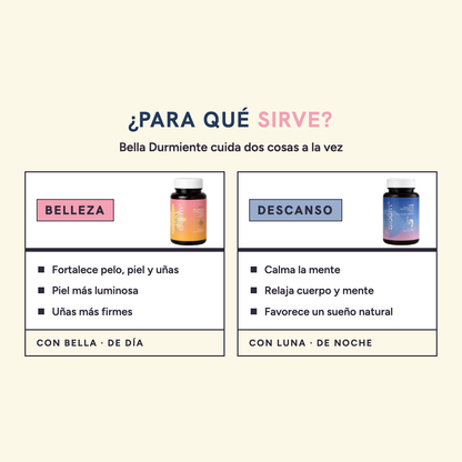 Para qué sirve Bella Durmiente: belleza con BELLA de día (fortalece pelo, piel y uñas) y descanso con LUNA de noche (calma la mente y favorece un sueño natural)