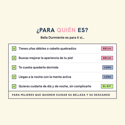 Para quién es Bella Durmiente: para mujeres que quieren cuidar su belleza y su descanso. Es para ti si tienes uñas débiles o cabello quebradizo, buscas mejorar la apariencia de tu piel, te cuesta quedarte dormida o llegas a la noche con la mente activa