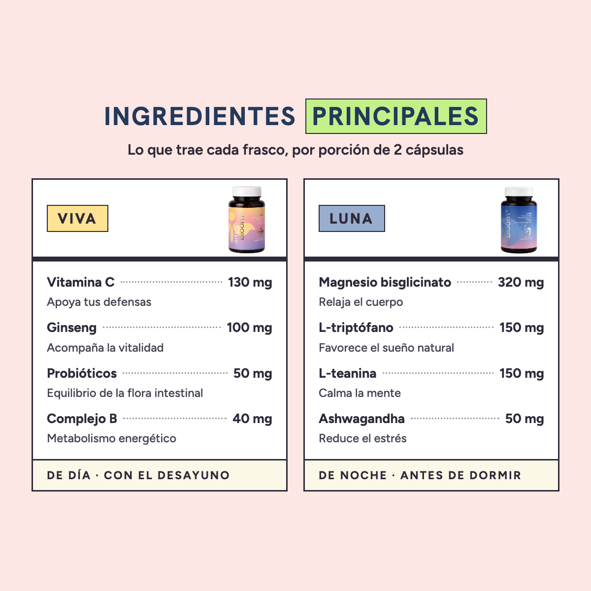 Ingredientes principales de Día y Noche por porción: VIVA con vitamina C 130 mg, ginseng 100 mg, probióticos 50 mg y complejo B 40 mg; LUNA con magnesio bisglicinato 320 mg, L-triptófano 150 mg, L-teanina 150 mg y ashwagandha 50 mg