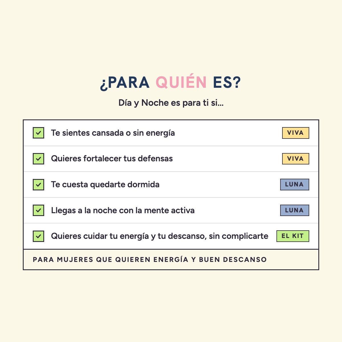 Para quién es Día y Noche: para mujeres que quieren energía y buen descanso. Es para ti si te sientes cansada o sin energía, quieres fortalecer tus defensas, te cuesta quedarte dormida o llegas a la noche con la mente activa