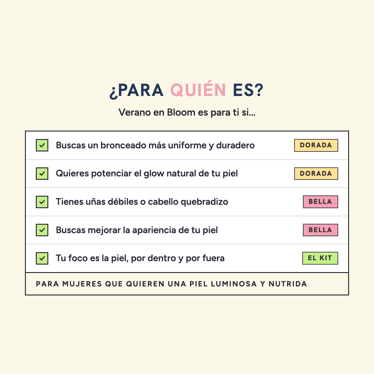Para quién es Verano en Bloom: para mujeres que quieren una piel luminosa y nutrida. Es para ti si buscas un bronceado más uniforme y duradero, quieres potenciar el glow natural de tu piel, tienes uñas débiles o cabello quebradizo o buscas mejorar la apariencia de tu piel
