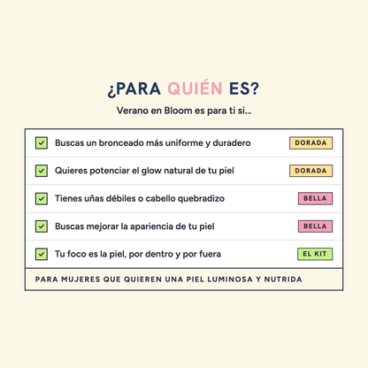 Para quién es Verano en Bloom: para mujeres que quieren una piel luminosa y nutrida. Es para ti si buscas un bronceado más uniforme y duradero, quieres potenciar el glow natural de tu piel, tienes uñas débiles o cabello quebradizo o buscas mejorar la apariencia de tu piel
