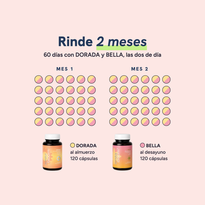 Verano en Bloom rinde 2 meses: 60 días con DORADA y BELLA, las dos de día, 120 cápsulas en cada frasco